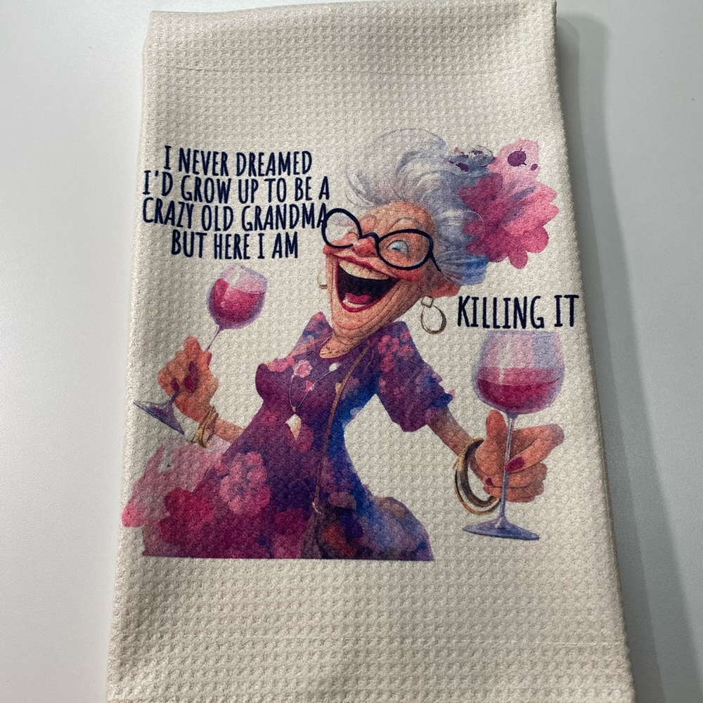 16” X 28”  Crazy Old Grandma Microfiber Waffle Cream Kitchen Towel